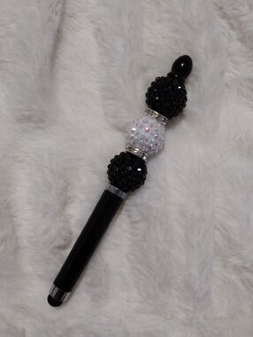 Black Beaded Ballpoint Pen with Stylus & Iridescent Accents